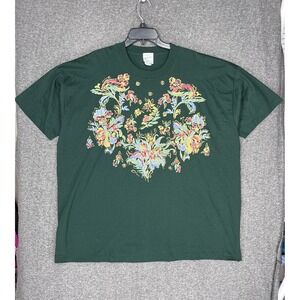 Vintage India Ink Woman Hand Painted T-shirt Plus 3X Green Floral Grandmacore